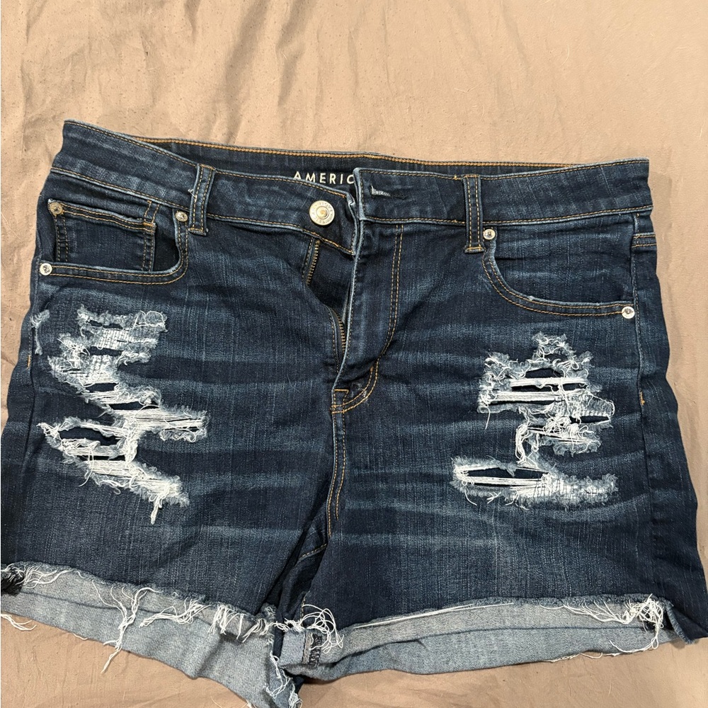 American Eagle Outfitters Women's Ripped Jean Shorts - Dark Blue